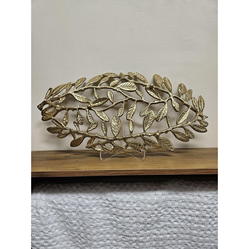 Oversized 19" Gold Leaf Decorative Tray Botanical Metal Centerpiece Platter